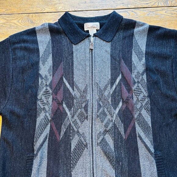 Vintage Arnold Palmer Cardigan Sweater Full Zip Mens L 42-44 Black Grey 15% Wool - Picture 2 of 13